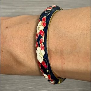 Vintage Gold & Enamel Bangle Bracelet, Navy Blue w/ Red & White Flowers, Boho